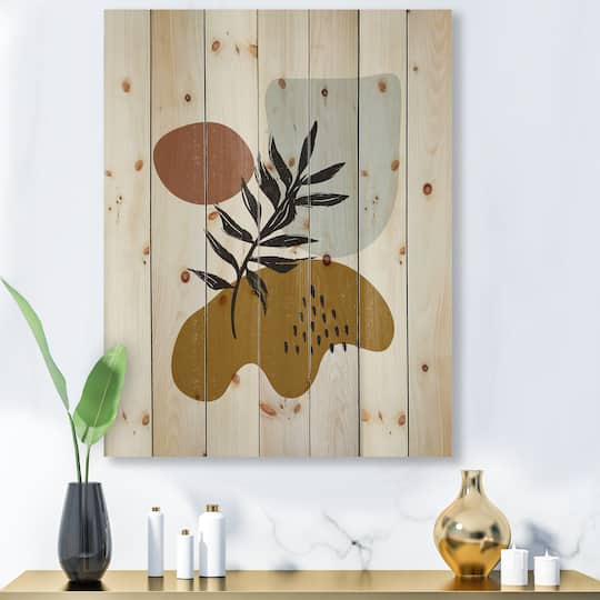Designart - Botanical Minimalist Leaf With Abstract Shapes II - Modern Print on Natural Pine Wood